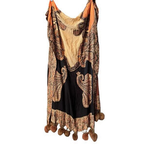 Vintage XL Cotton Scarf Sparkle beading and fur ball accents Bohemian Boho chic